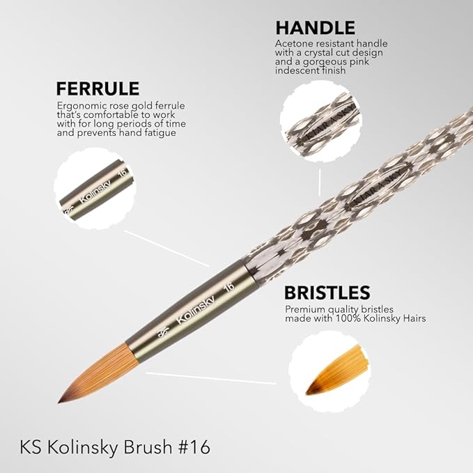 Kiara Sky Acrylic Brush #16 - Black | 100% Pure Kolinsky | Crystal Cut Handle and Acetone Resistant
