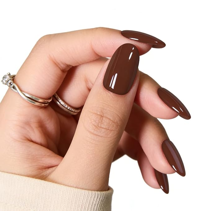 Brown Press on Nails Almond, Fall Coffee Chocolate Press ons, Reusable Acrylic Stick on False Nails 30Pcs 15 Sizes Kit for Women
