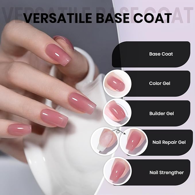 RARJSM Rosy Pink Fiber Glass Rubber Base Nude Sheer Jelly Glassy Amber Gel Nail Polish for Repair Broken Nails Strengthener Base Color Brush on Building Gel in a Bottle Curing Requires 15ml