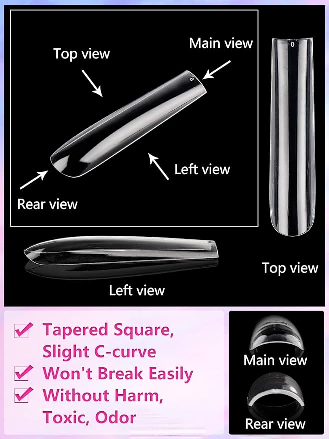 504PCS Clear Square Nail Tips for Acrylic Nails Professional, XXL/XXXL Extra Long Tapered Square Straight Acrylic Nail Tips, Full Cover No C Curve False Nail Extension Tips for Manicure Salon Nail Art