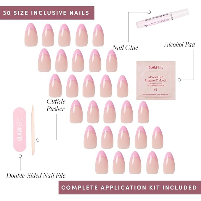 Valentines Day Glamnetic Press On Nails - Pink Macaron | Semi-Transparent Light Pink Pastel French Tip Short Almond Fake Nails in a Glossy Finish, Salon Quality | 15 Sizes - 30 Nail Kit