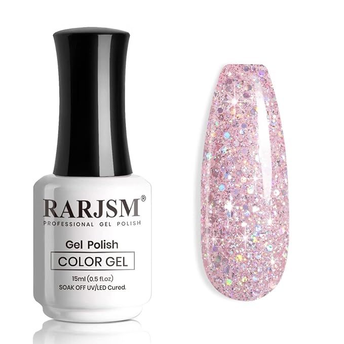 RARJSM Nude Pink Glitter Gel Nail Polish Chunky Iridescent Glitter Gelpolish 15ml Shimmer Holographic Rainbow Effect Soak off L e d U V Curing Required High Pigments for Home Manicure Nail Art