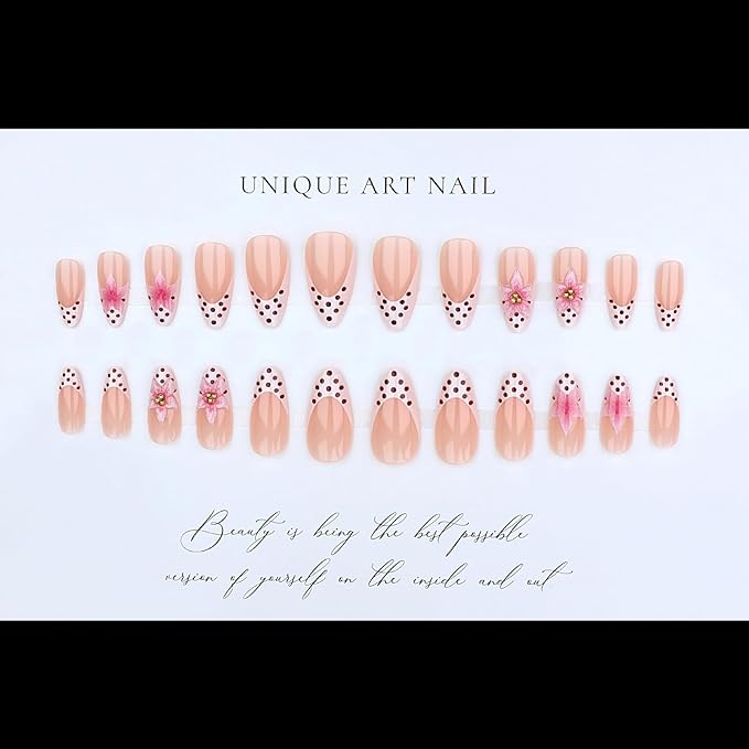 Pink Flower Press on Nails Medium Almond Fake Nails, Press ons with Polka Dots French Tips Designs, 3D Flower Nails Glossy Acrylic Reusable Full Cover Glue on Nails for Women Manicure