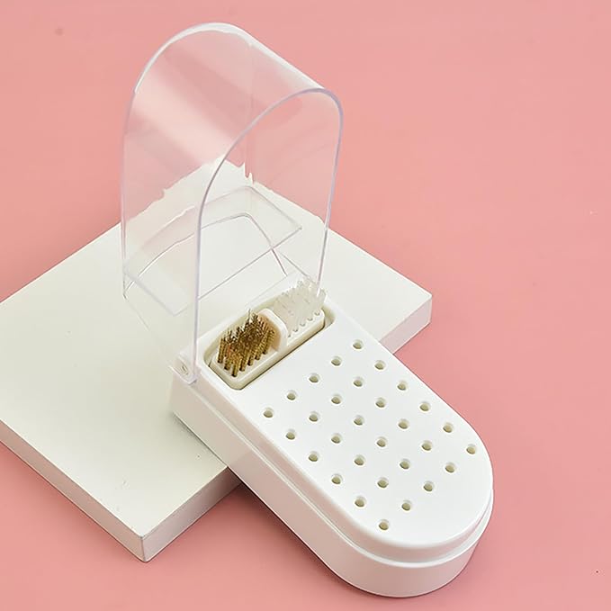 HURRISE Nail Drill Bit Holder,Nail Drill Bit Display Box Nail Drill Bit Storage Plastic 30 Holes Transparent Portable Nail Drill Bit Holder with Cleaning Brush (White)