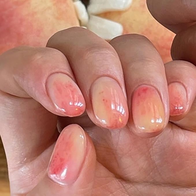 Peach Blush Fruit Gradient Press on Nails Short Almond, Glossy Nude Pink Ombre Fake Nails for Women, Reusable Full Cover Acrylic Stick on Nails for Summer Vacation & Daily Aesthetic Manicure