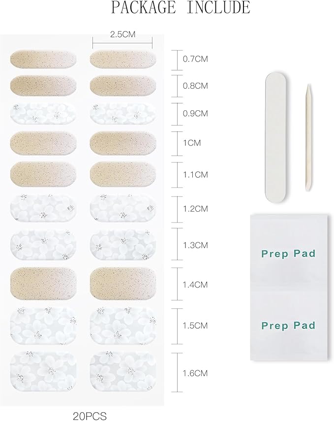 JMEOWIO Gel Nail Stickers White Flower Glitter Semi Cured Gel Nail Strips Wraps UV/LED Nails Art Design Decoration Accessories