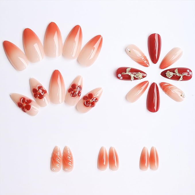 Ombre Press on Nails Medium Almond MABKJLF 3D Fake Nails Red False Nails with Flower Gold Rose Charms Rhinestones Pearls Designs Glossy Glue on Nail Acrylic Nails for Women Girls 24Pcs