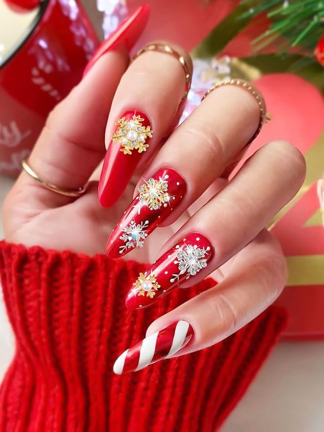 72 Pcs Christmas Snowflake Nail Charms, Kalolary 3D Glitters Nail Rhinestones with Gem Crystals Jewelry for Christmas Holiday Nail Art Decoration