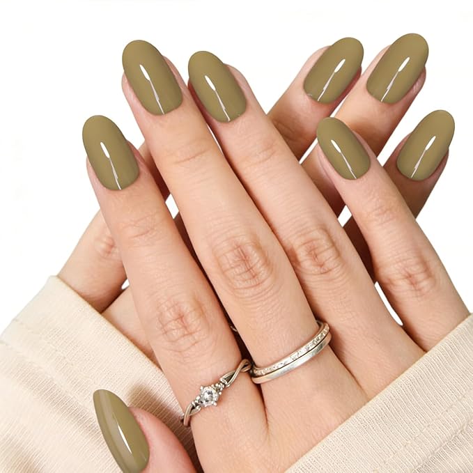 New Press On Nails,Medium Soft Gel Oval Fake Nail Kit With Nail Glue,30-Piece-15 Sizes Durable Reusable Press On Nails for Women Gift(light khaki)