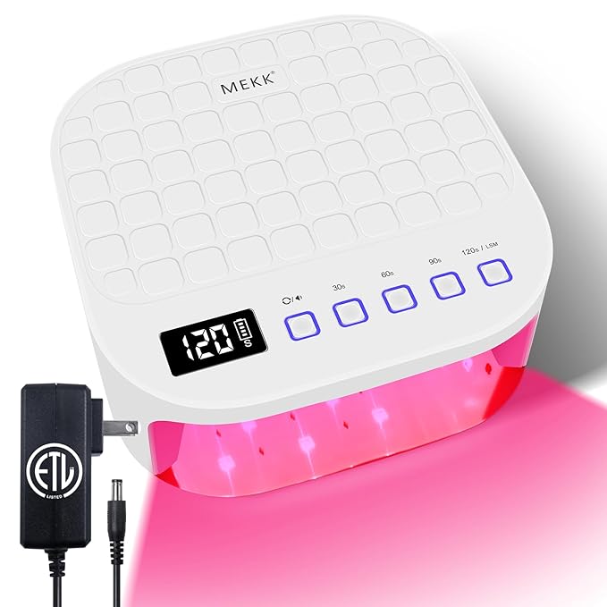 MEKK Cordless UV LED Nail Lamp, 54W UV Light for Gel Nails with Hand-Friendly Red Light, Auto Sensor Professional Flash Cure Lamp with Rotatable LCD Display for Salon and Home, Checkered Design, White