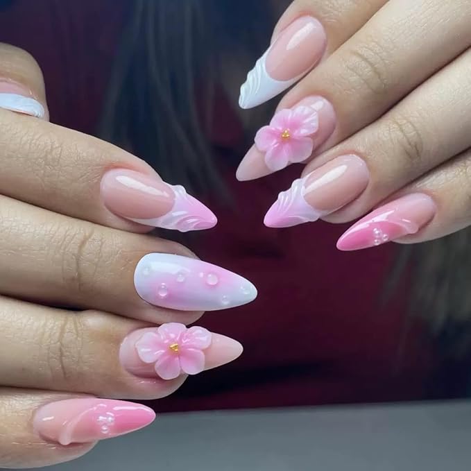 Press on Nails Almond - Medium, French Tip Fake Nails with Flower Design - Spring, Flower False Nails Press ons - for Women 24 Pcs