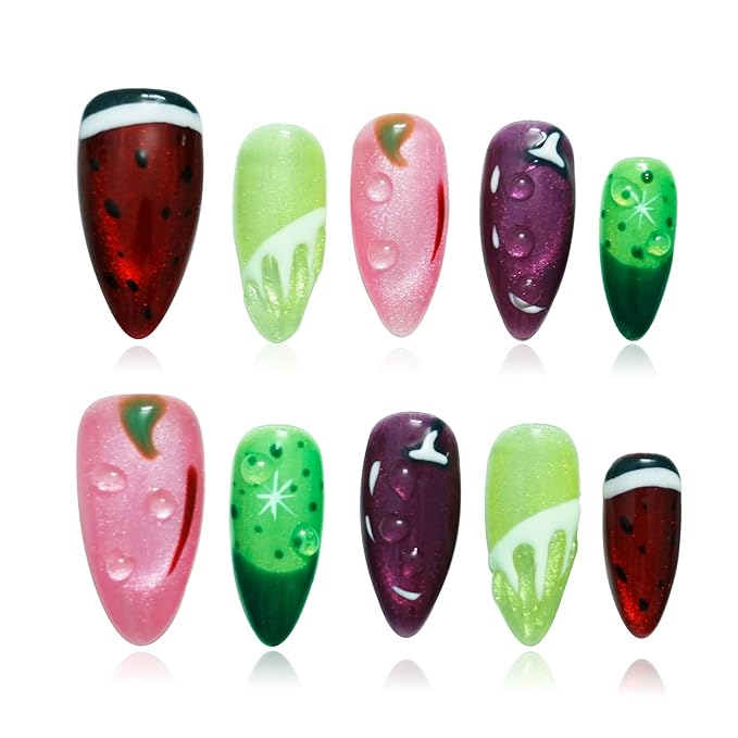 Cat Eye Press on Nails Medium Almond - Summer Fruit Design with Hand-painted Watermelon Lemon & 3D Water Drop Cute Edgy Style, Thick Acrylic and Muti-Layer Gel False Nails(Fruit Party,S)