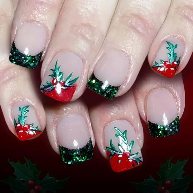 2 Packs 48Pcs Christmas Press on Nails Short Square Fake Nails Glitter French Tip False Nails Press ons Red Green Designs Winter Xmas Glue on Nails Kid Set for Women Girls Decoration