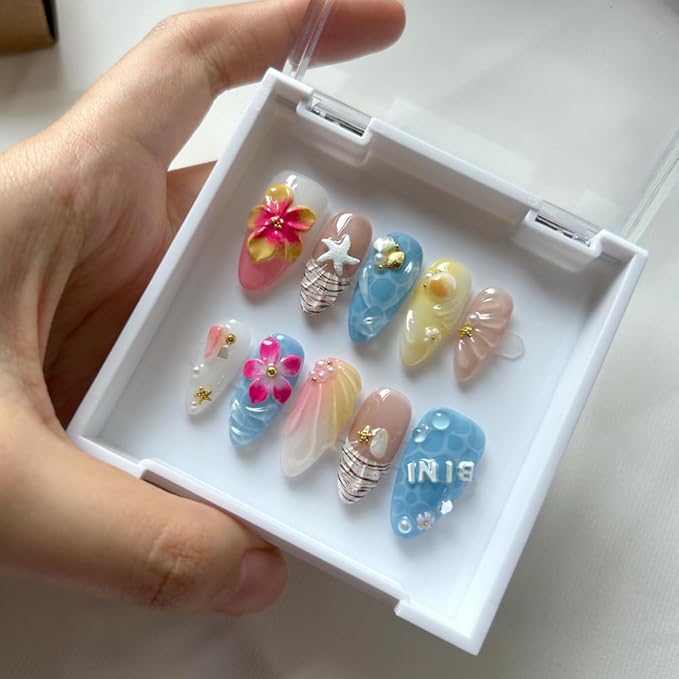 Press On Nails Medium Almond Shape - 3D Handmade Acrylic Gel Fake Nails with Glitter Designs, Reusable Thick Almond Nails for Women DIY Manicure Kit (10PCS, L Size, Easy Application)