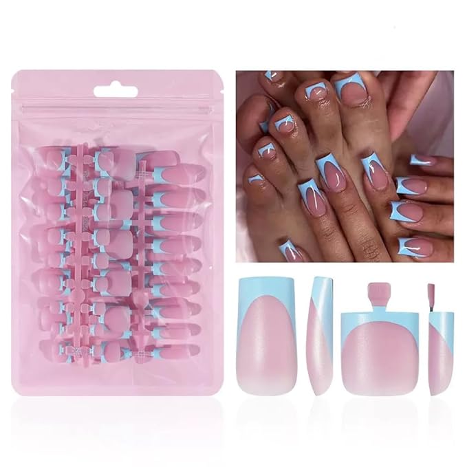 60Pcs Medium Press on Nails Square & Press on Toenails Set, Blue French Tip Press on Nails Short Square Press on Toe Nails Summer False Toenails Full Cover Stick on Nails for Women