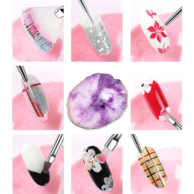 Nail Art Brushes Kit Nail Art Supplies Tools Purple Resin Palette Nail Art Painting Mixed Color 2 Way Acrylic Silicone Dotting Pen Tool Manicure Kit DIY Makeup Display Board for Home Salon (21 Pieces)
