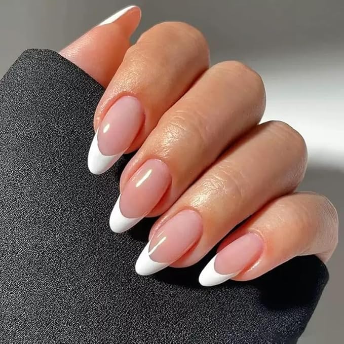 6 Packs (144 Pcs) Press on Nails Medium Almond Fake Nails Solid Color False Nails with Designs French Tip Glossy Glue on Nails Full Cover Acrylic Artificial Stick on Nail for Women Girls Manicure