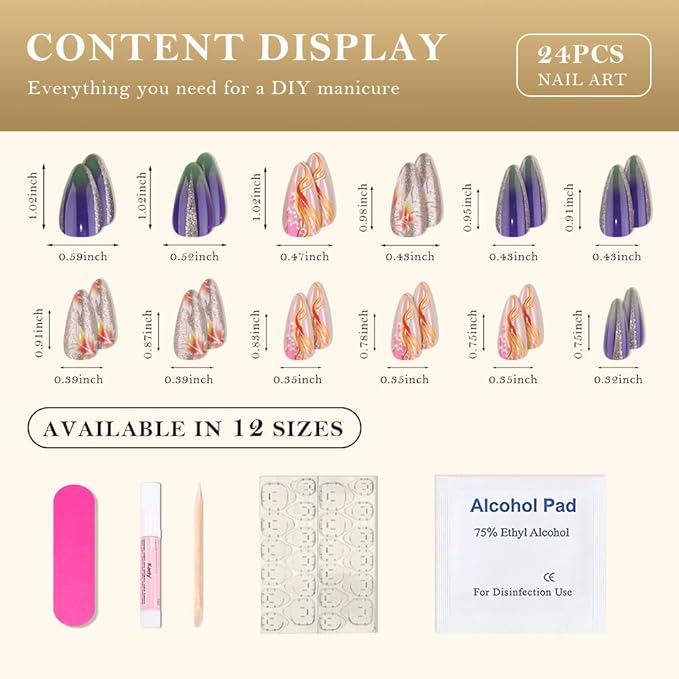 evpct Fall Press on Nails Medium Almond Maple Leaf Design, Purple Blue Green Ombre Sparkle Glitter Silver Glossy Fake Nail Kit for Women Girls, 24Pcs Perfect Fit Reusable Stick on Nail Press ons
