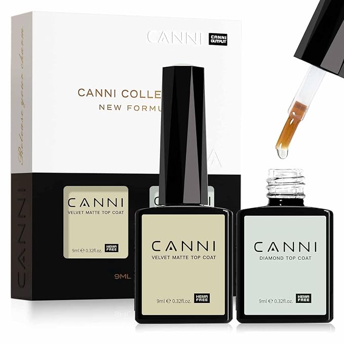 CANNI 2 Pcs No Wipe Matte Top Coat and Glossy Gel Top Coat Set- High Shiny Long Lasting Clear Gel Nail Polish Kit, Soak Off Nail Art Home and Professional Manicure