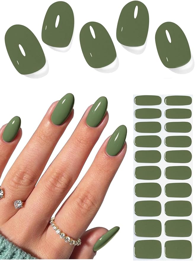 Semi Cured Gel Nail Strips, Hell Green 20pcs Adhesive UV Sticker, Wraps for Home Manicure DIY