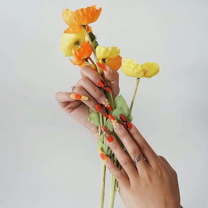 Orange Press On Nails Long Coffin - 3D Flowers Hand-Painted Butterflies French Tip Yellow Floral Acrylic Nail for Women (Mango Sago,S)