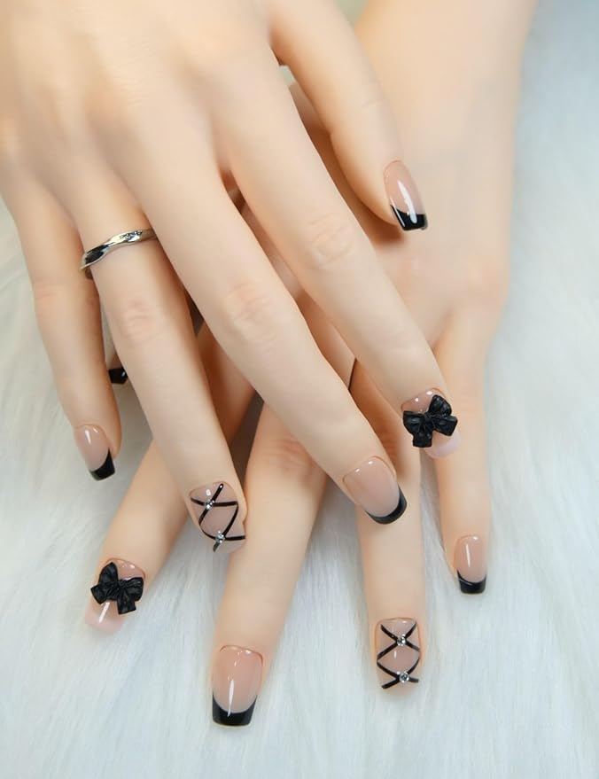 French Tip Press On Nails Short Fake Nails Handmade False Nails Black Bow Hand-Painted Nail Charms,Square Acrylic Nail Kit Gel Nails,Reusable Stick on Nails for Women 10pcs S