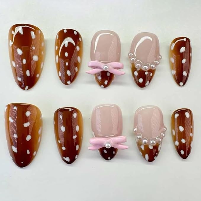 French Tip Press on Nails Medium Almond MABKJLF Fake Nails Amber False Nails with Pearls Polka Dots Bow Designs Glossy Glue on Nail Full Cover Acrylic Nails for Women Girls 24Pcs