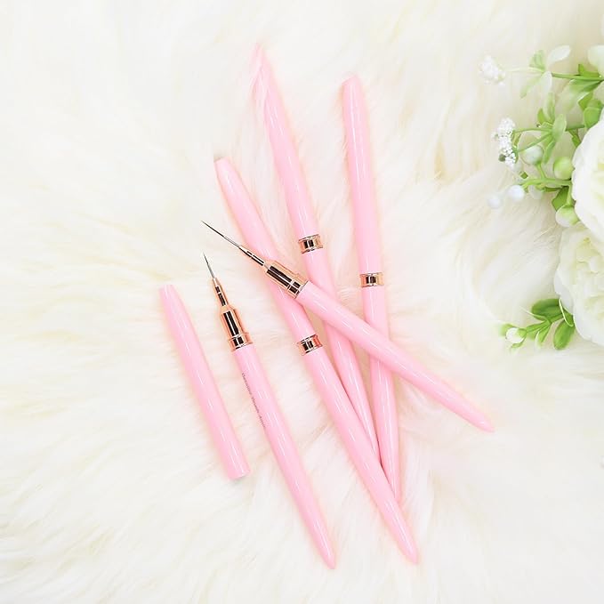 WOKOTO 5 Pcs Pink Nail Art Liner Brushes Painting Detail Nail Brushes For Nail Art Tools Set Nail Dotting Drawing Tool For Long Lines Thin Details Fine Drawing Sizes 4/8/12/20/25mm Thin Nail Brush