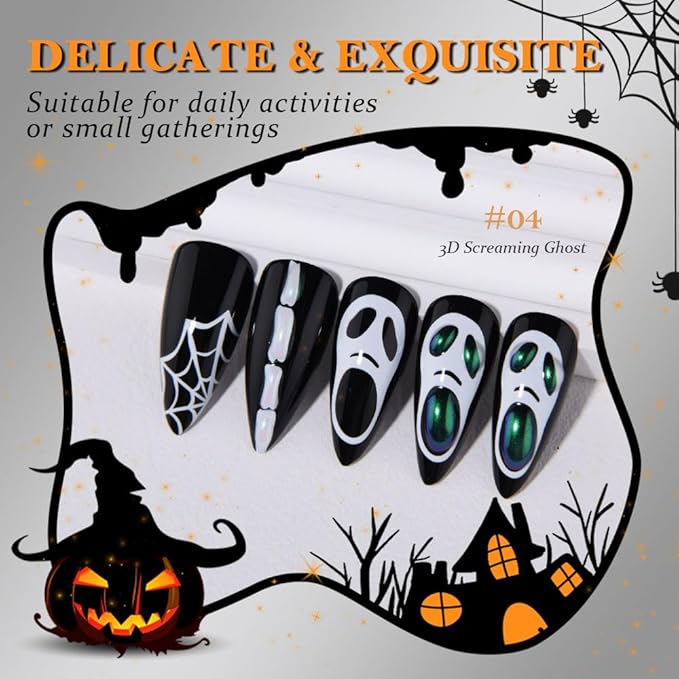 3D Halloween Press on Nails Medium Almond with Horror Design, Medium Almond Artificial Fake Nails with Skull Face 3D Designs, Stick on Soft Gel Full Cover Glossy Stick on Ghost Nail for Women Girls