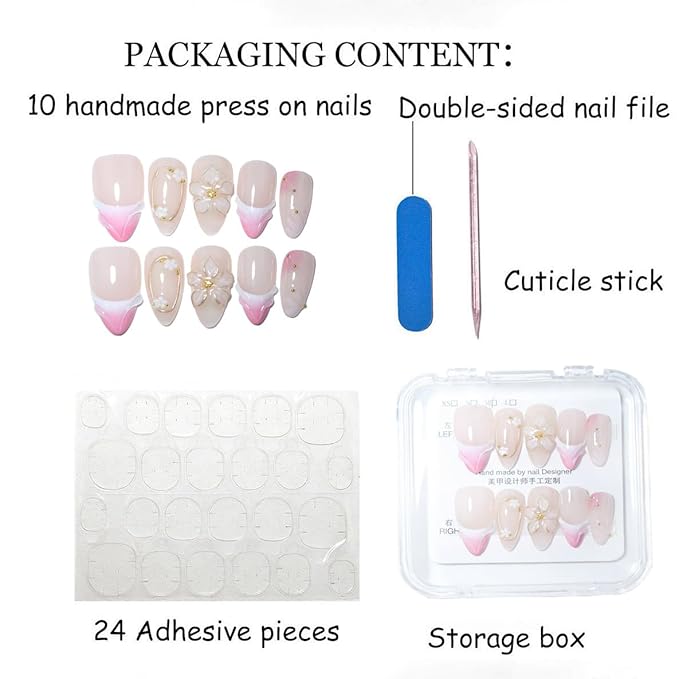10 Medium Almond Handmade Press On Nails | Romantic Nude Pink Gradient French Tip Fake Nails with 3D Floral, Gold Line & Dot Accents | Easy Apply & Remove, Reusable Salon Quality Nails(5U12, S)
