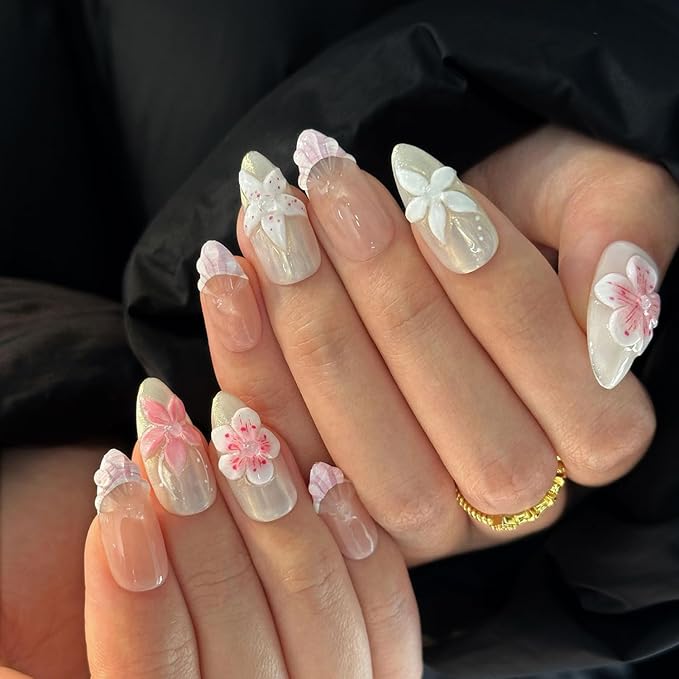 Handmade Press on Nails Medium Almond 3D Unique Fake Nails Pink&White False Nails with Designs Flower Pearls Shell Glossy Glue on Reusable Thick Acrylic Nails 10Pcs(S)