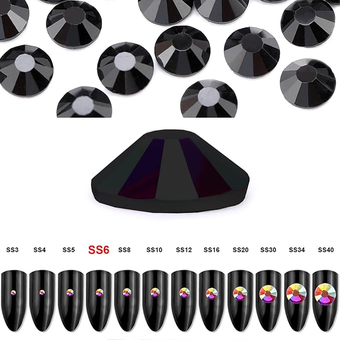Dowarm 1440Pieces SS6 Flatback Rhinestones, 2MM Flatback Crystal Rhinestones for Craft Nails Dance Costumes, Non Hotfix Rhinestones, Jet Black