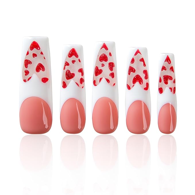 LOVFUL Valentine's Press on Nails Glass Heart | Handmade with Full Covered Crystals | Reusable Fake Nails | Square Mid length 1.7in | H742-M