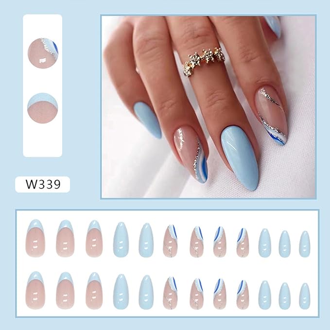 Blue Press on Nails Short Almond Fake Nails Press ons Glitter False Nails with Designs Wave Glossy Full Cover Acrylic Glue on Nails Cute Artificial Stick on Nails for Women Manicure Decoration 24Pcs