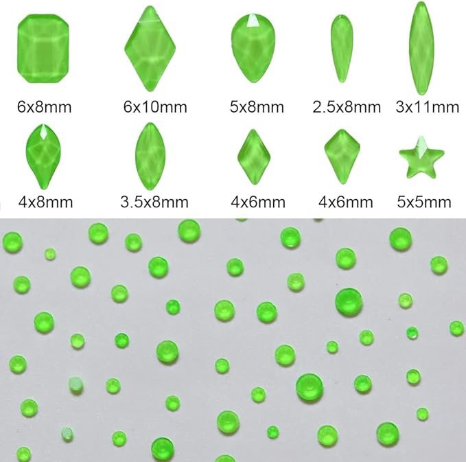820pcs Neon Green Flatback Crystals Glass Mix Designs Nail Rhinestones Bulk Round Beads Stones Assortment Gems and Charms for Nail Decoration Accessory