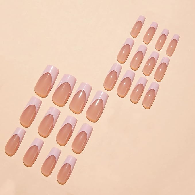 Press on Nails Long Square Pink French Tip Fake Nails Full Cover False Nails with Designs Light Pink Nail Tip Glossy False Nails with Nail Glue Artificial Acrylic Nails for Women Girls 24 Pcs