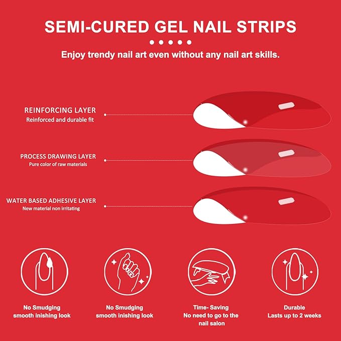 SILPECWEE Semi Cured Gel Nail Strips, Toenails Stickers Full Nail Wraps UV Light Required, Salon Quality, Easy to Apply & Remove, Toenail Strips for Women Girl (Alluring Red - 32PCS)