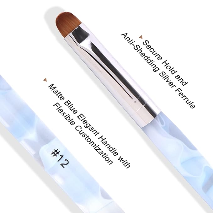 French Manicure Brush - Two Way Nail Art Brush with Dotting Tool for Cuticle Clean Up & Nail Art Design - Professional Salon Quality, Blue (12#)