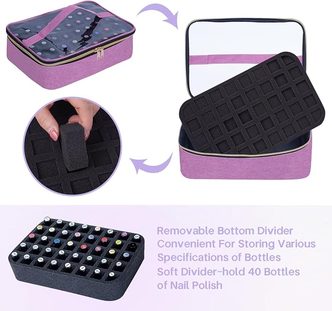 Small Clear Nail Polish Organizer Case Holds 40 Bottles(15ml-0.5fl.oz) Multifunctional Nail Polish Bag, Cosmetic Travel Makeup Bags for Women, Purple