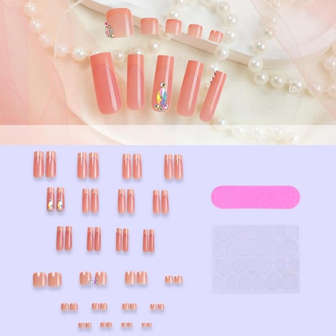 48Pcs French tips Press on Toenails Orange Press on Nails Long Square Fake Nails with Design Diamond Glue on Nails Rhinestone False Nails Glossy Reusable Summer Nails Toenails for Women Manicure