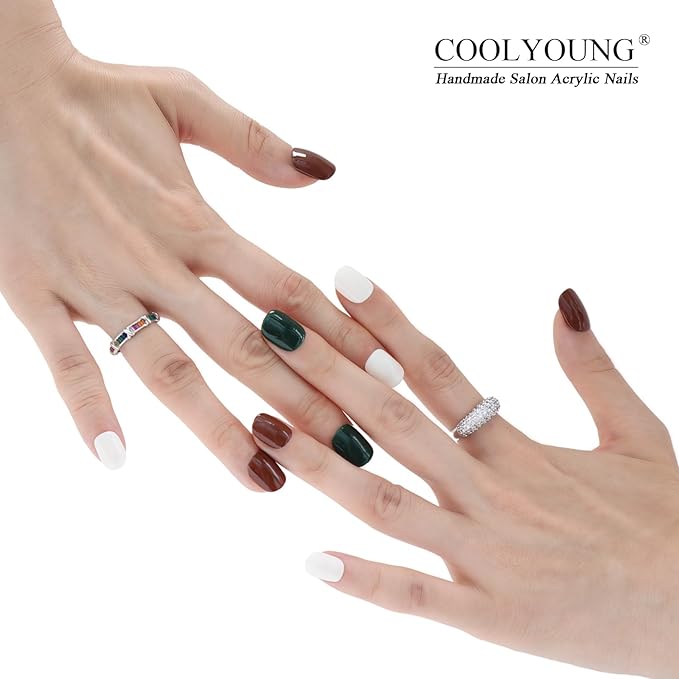 Press On Nails Short, Chic Mixed-Color Nails Press Ons - Dark Green, Brown, White, Square Shape, Acrylic Fake Nails for Women, 25 PCS Handmade Press On Nails