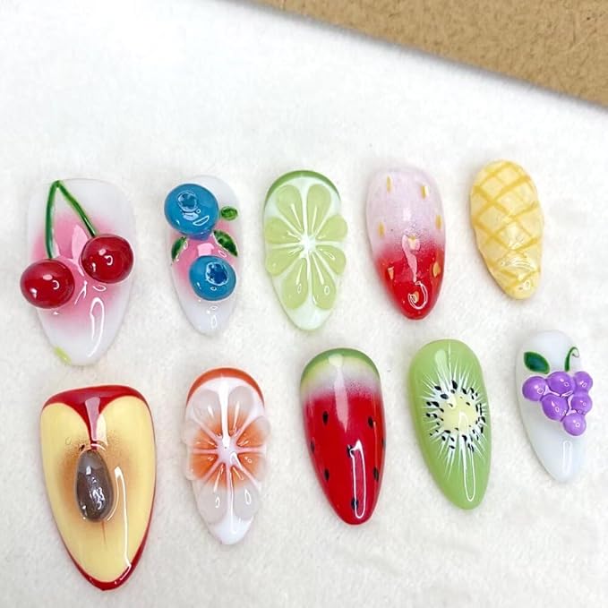 Press On Nails Medium Almond Shape - 3D Handmade Acrylic Gel Fake Nails with Glitter Designs, Reusable Thick Almond Nails for Women DIY Manicure Kit (10PCS, L Size, Easy Application)