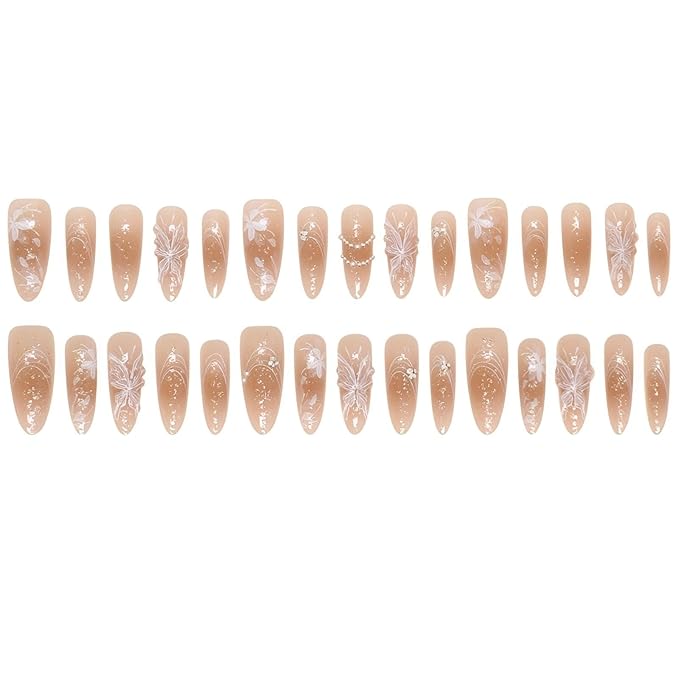 Winter 3D Butterfly Press on Nails Long Almond False Nails Press Ons Christmas White Floral Design Fake Nails Butterfly Stick on Nail Full Cover Acrylic Artificial Nails Gift for Women 24pcs