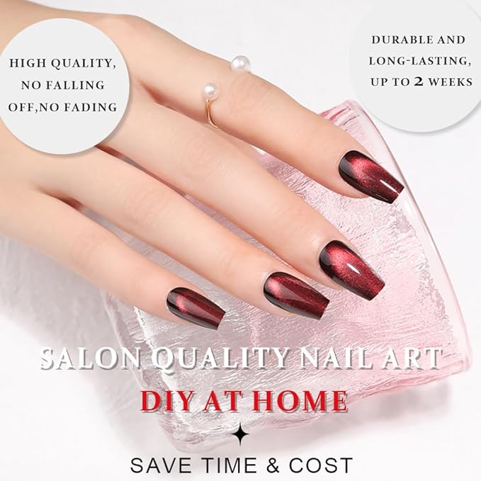 evpct Deep Burgundy Red Cat Eye Press on Nails Square Medium Coffin, Medium Square Stick on Nails for Women Gift, Dark Red Metallic Glitter Glossy Reusable Spring Summer Gel Press on Acrylic Fake Nail