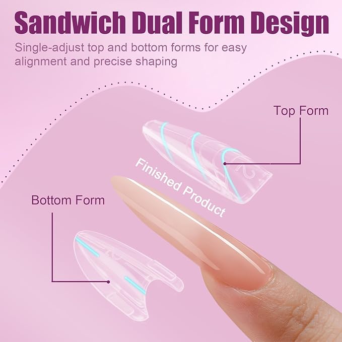 280 Pcs Original Sandwich Nails Dual Form with Guide Lines Almond Round Nail Mold for Builder Gel Nail Extensions Art Design Salon DIY at Home