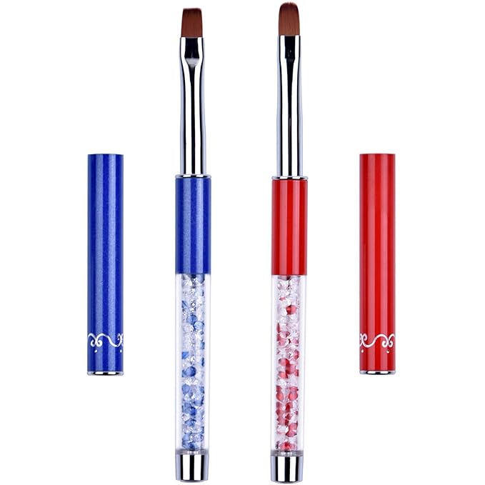 2Pcs Oval & Flat UV Gel Nail Brush Set Rhinestone Handle Professional Nail Art Design Brushes Multi-colored Size 8