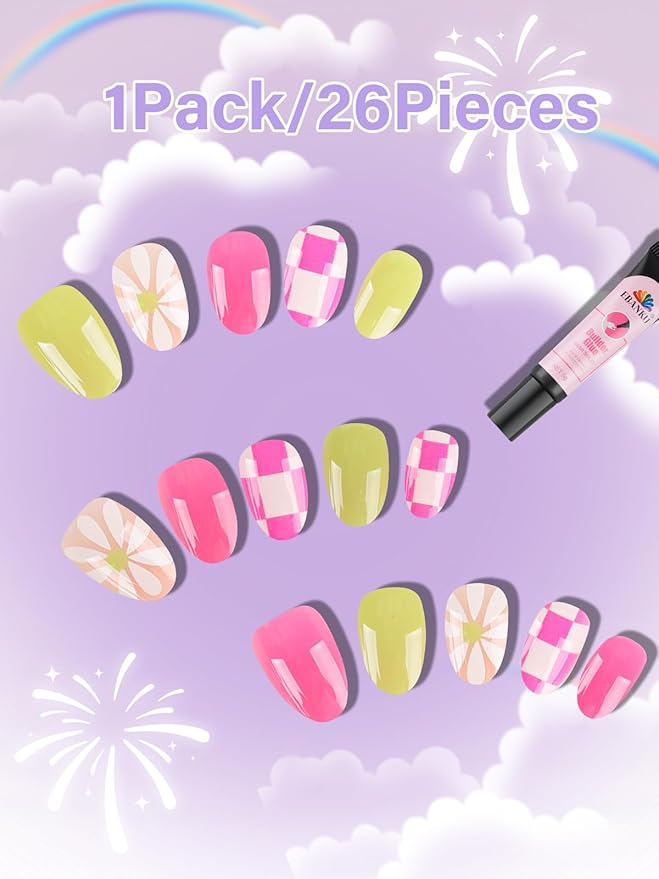 26 Pieces Press on Nails for Kids, EBANKU 1Pack Kid Fake Nail Kit Spring Flower Short Artificial False Nail Kits for Kids Girls with Nail Glue
