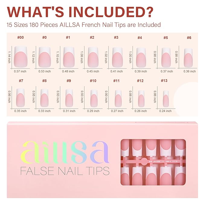 AILLSA French Gel Nail Tips, 180 Pcs Pink French Tip Press On Nails Long Square, Pre-Applied Primer & Base Coat, No Need File, Fake Nails with Designs DIY for Women Gift 15 Sizes