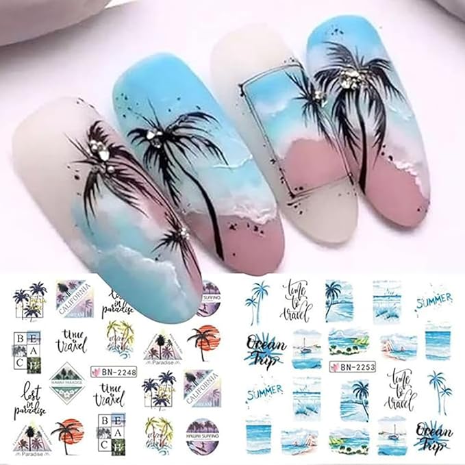 12 Sheets Summer Nail Art Stickers Beach Coconut Tree Ocean Water Transfer Nail Decals Colorful Nail Stickers Tropical Style Nail Sticker Self-Adhesive Nail Art Supplies for Women Manicure Decor