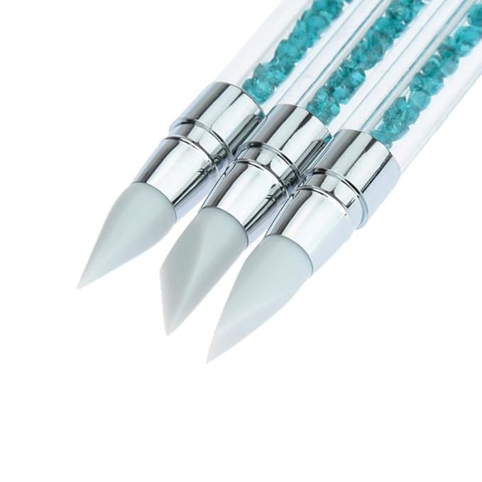 WOKOTO 3 Pcs Set 2 Ways Silicone Nail Art Acrylic Pen Brushes set Blue Rhinestones Design Sculpture Carving Brush For 3D Effect Shaping Drawing Dotting Tools